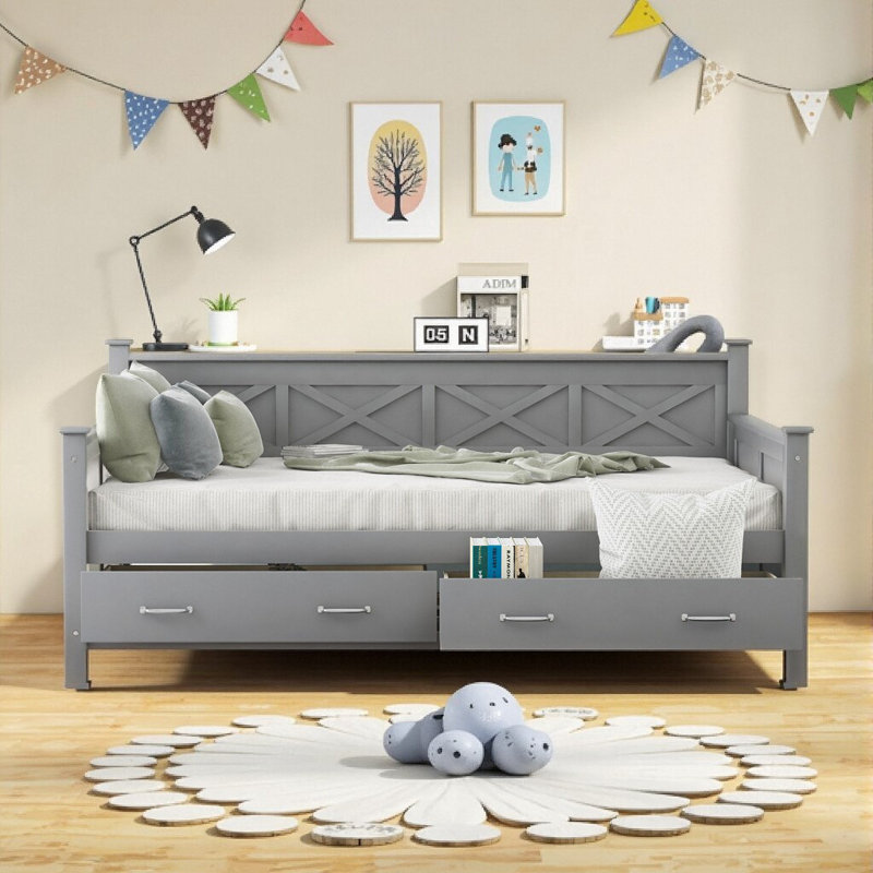 Lit de jour simple Rustic-Chic avec cadre en X et 2 tiroirs de rangement - Canapé-lit peu encombrant en gris, Gris