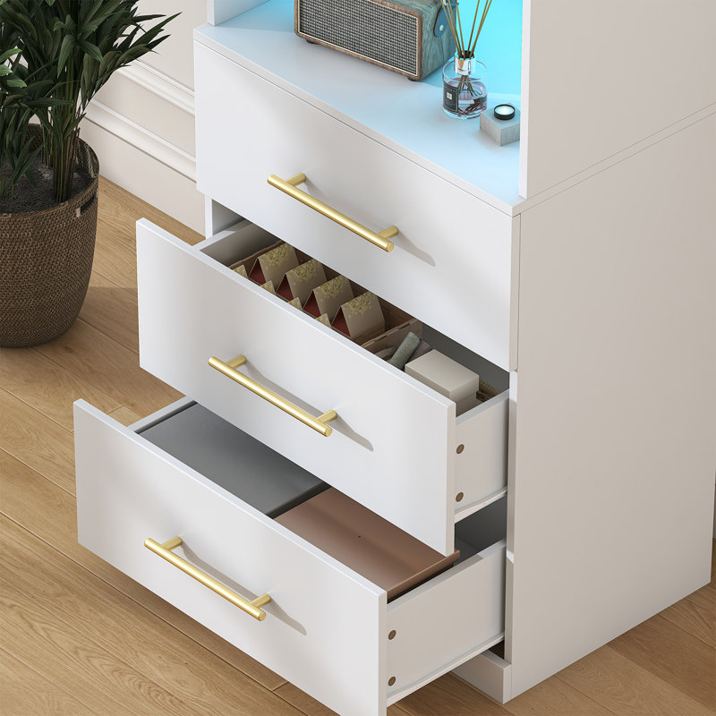 71" Tall Bookshelf With 3 Drawers & Led Light, White