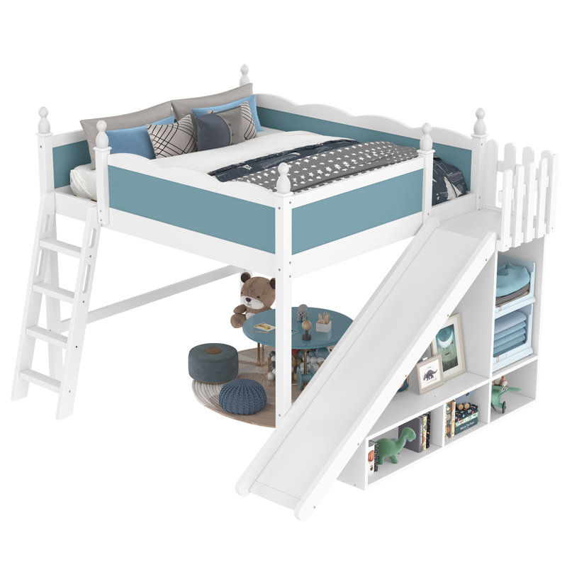 Grand lit mezzanine avec glissoire et échelle détachables, Bleu / blanc clair