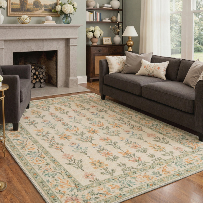 Allsop Aura Vintage Floral Machine Washable Beige / Orange / Green Indoor Area Rug with Non-Slip Backing, Rectangle 8' x 10'
