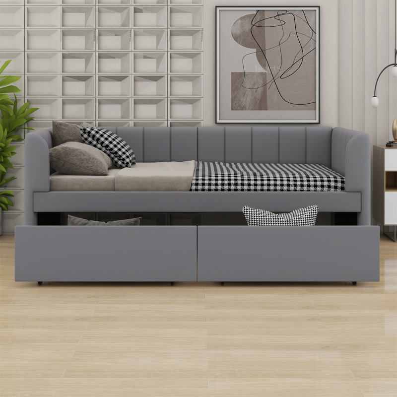 Upholstered Daybed With Ergonomic Design Backrest And Drawers, Gray
