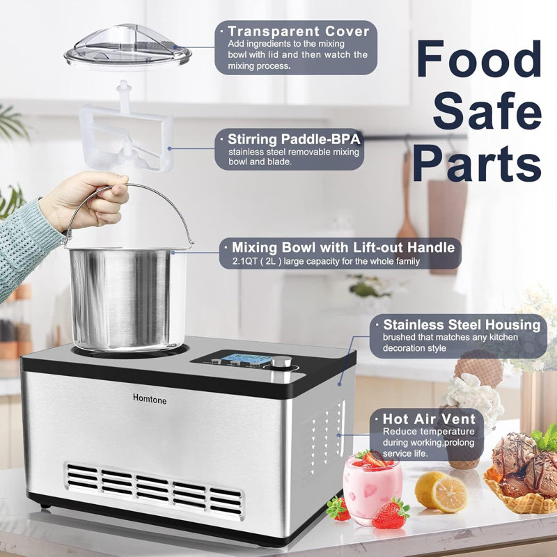 Homtone Ice Cream Maker with Built-in Compressor and LCD Timer 2 Quart Automatic Ice Cream Machine