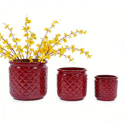  3 PCS Ceramic Planter, 9/12/15 Inch Deep Cylinder Planter with Drainage Hole, Large Plant Pots for Tree Foliage - Red