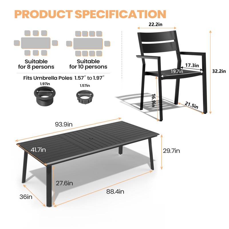 10 - Person All-aluminum Rectangular Outdoor Dining Set