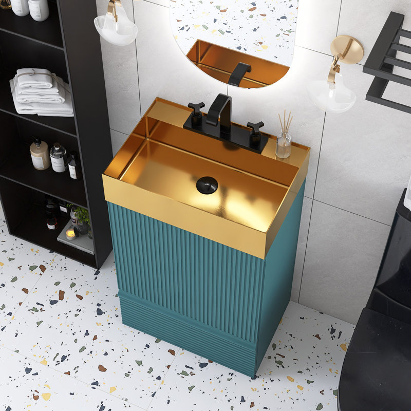 Dessus de meuble-lavabo simple autoportant 20 po intégré en céramique, Turquoise, Doré