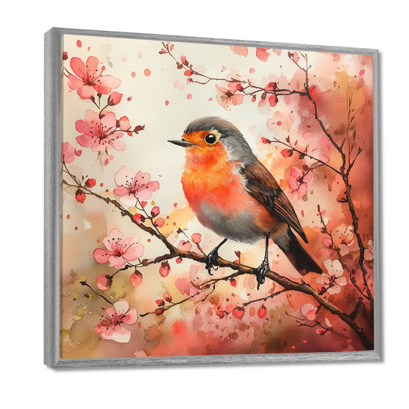 Oiseau de merle au printemps II - art mural grand oiseau, H 30 po x l 30 po, Impression encadrée flottante, Argent argent