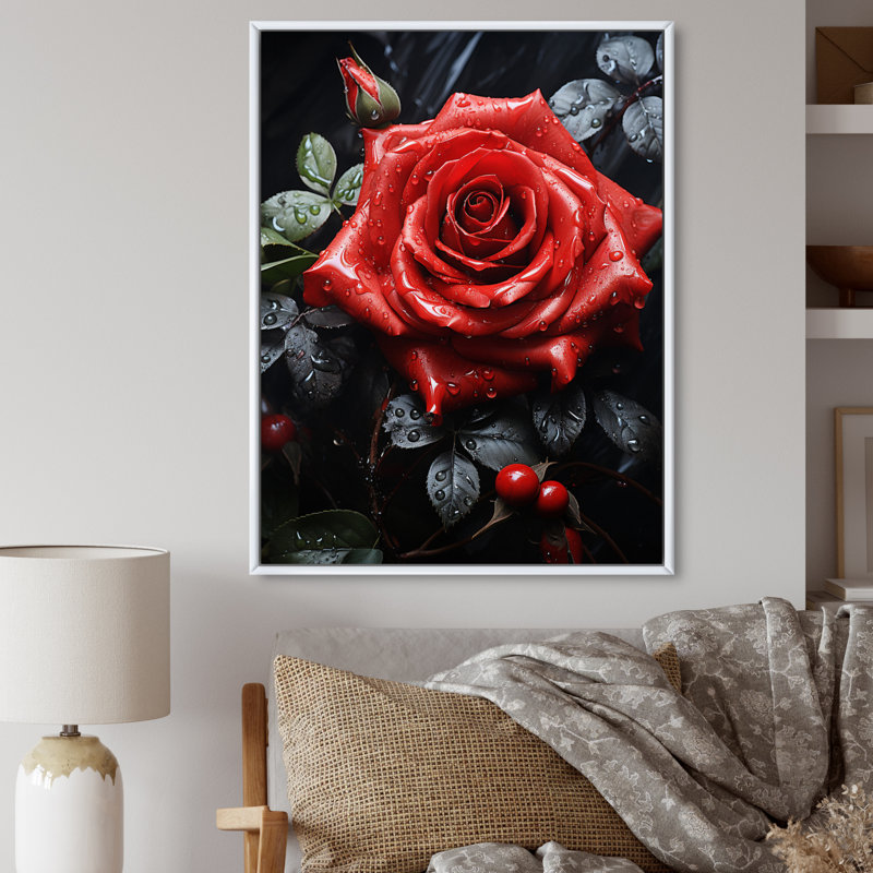 Volkart, rouge, noir, rose, éternelle beauté II, sur toile, H 32 po x l 24 po x P 1 po, Cadre flottant blanc