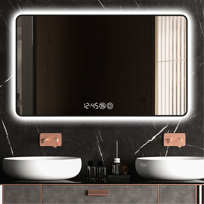 Miroir de salle de bain 29 x 39 cm avec cadre noir, coins arrondis, affichage de la température et de l'heure, éclairage tricolore antibuée, structure en alliage d'aluminium réglable
