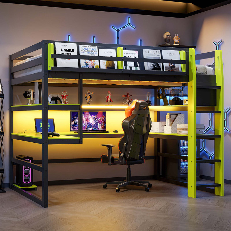 Lit mezzanine en bois avec bureau intégré et système d'éclairage RVB, Green;Black