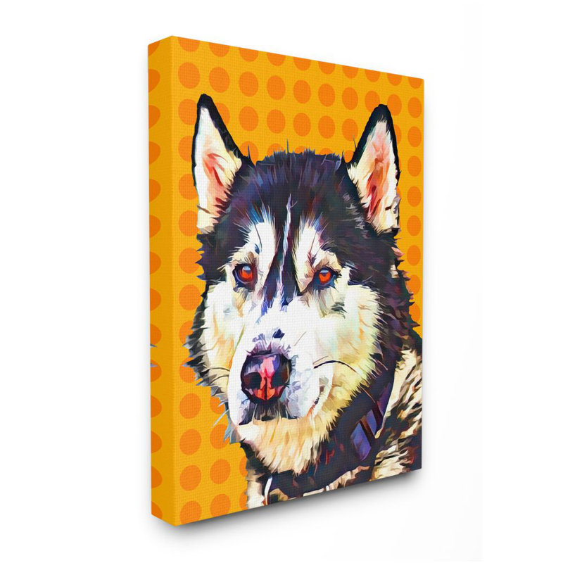 «Pop Art Husky Dog Over Orange Pois» par Kim Curationa, impression sur bois, Toile tendue, H 40 po x l 30 po x 1,5 po