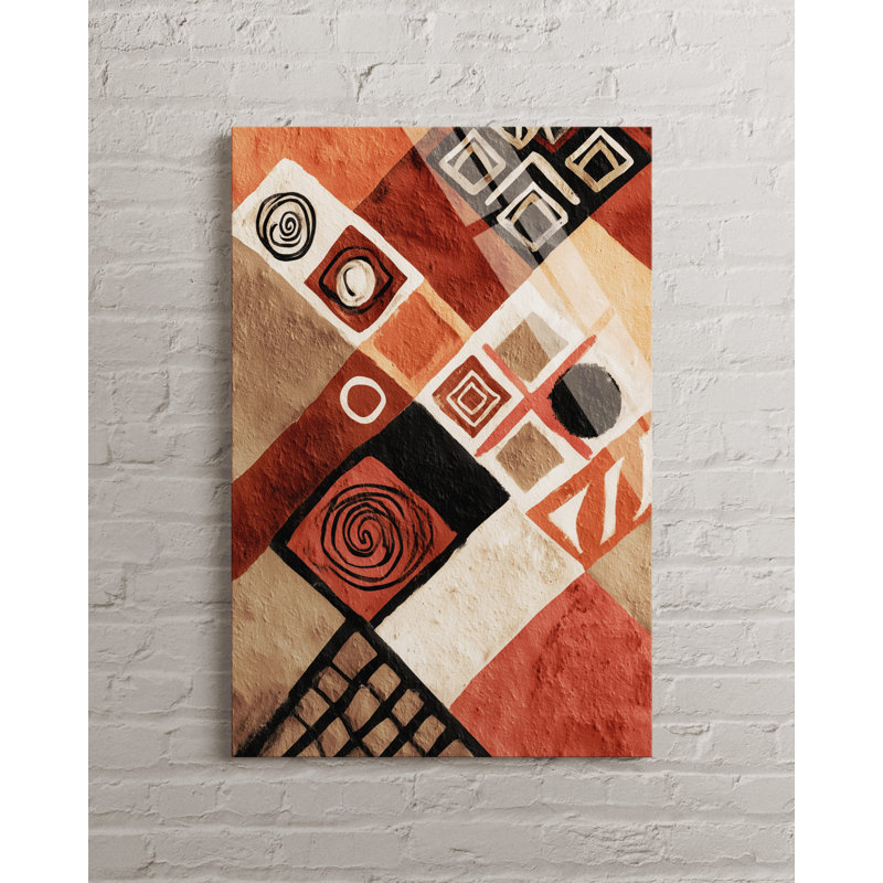 Abstrait, art mural en verre géométrique tribal abstrait, décoration moderne en verre trempé - peinture orange brûlé et beige terre, grand Boho