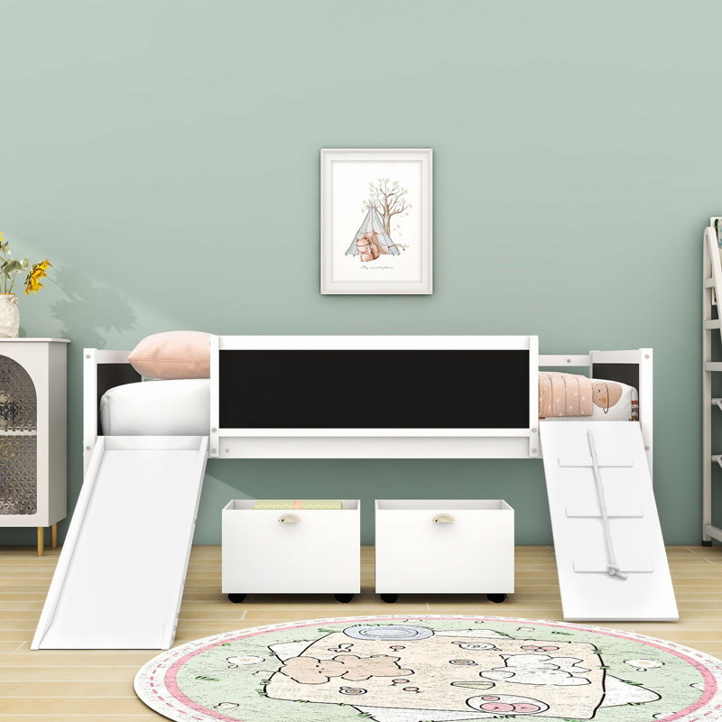 Twin-Size Loft Bed With Climbing Frame, Slide, And Creative Chalkboard, White