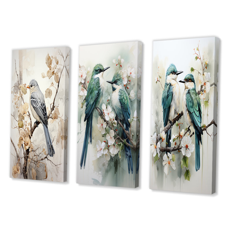 «Bird Silent Watcher», 3 pièces sur toile, Toile tendue, H 36 po x l 20 po