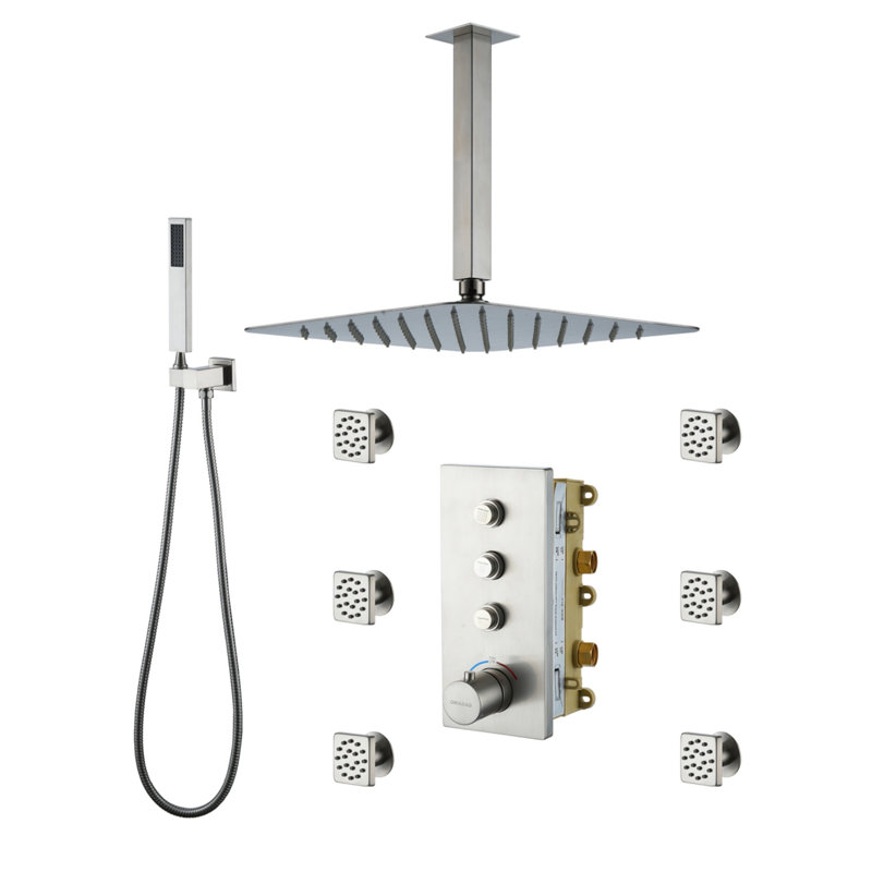 Système de douche thermostatique de salle de bain à 3 fonctions 12 pouces au plafond, Nickel brossé