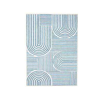 Celeta Washable Abstract Japandi Rainbow Striped Blue Area Rug - Colorful Modern Carpet for Living Room, Bedroom, or Office Decor