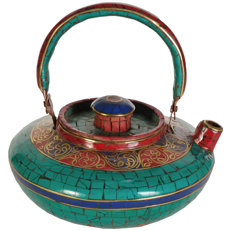 Handmade Copper Ritual Kettle with Gemstone Inlay | Turquoise Lapis Coral Gold Vine Design | Traditional Tibetan Buddhist Hindu Ceremony Water Vessel for Altar & Home Decor