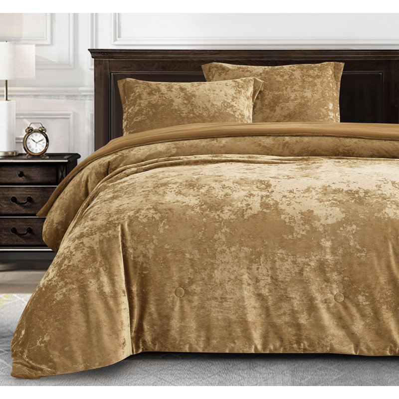 Lux Distressed Velvet Reversible Comforter Set, King Comforter + 2 King Shams, Caramel Gold