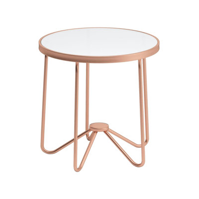 Table d'appoint ronde au fini or rose avec plateau en verre trempé blanc dépoli de 5 mm et bordure métallique, à monter soi-même, piètement tubulaire, 56 cm, plateau de 5 kg, idéale pour le salon, en verre trempé, dimensions : 56 x 56 x 56 cm.
