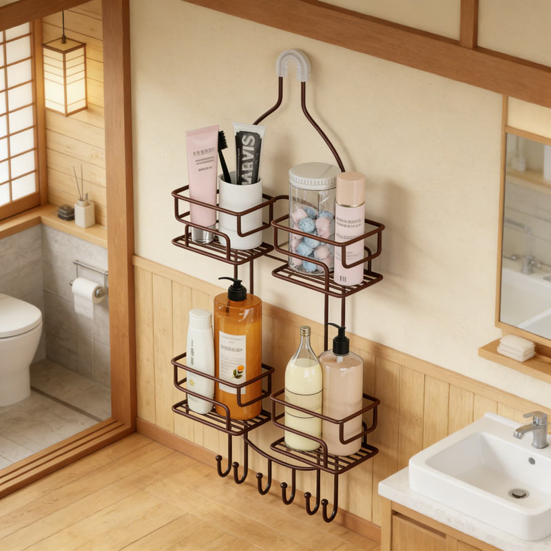 Over The Shower Head Caddy Organizer With Hooks, Rustproof Stainless Steel Bathroom Storage Rack With Split Design And Suction Cups For Stability
