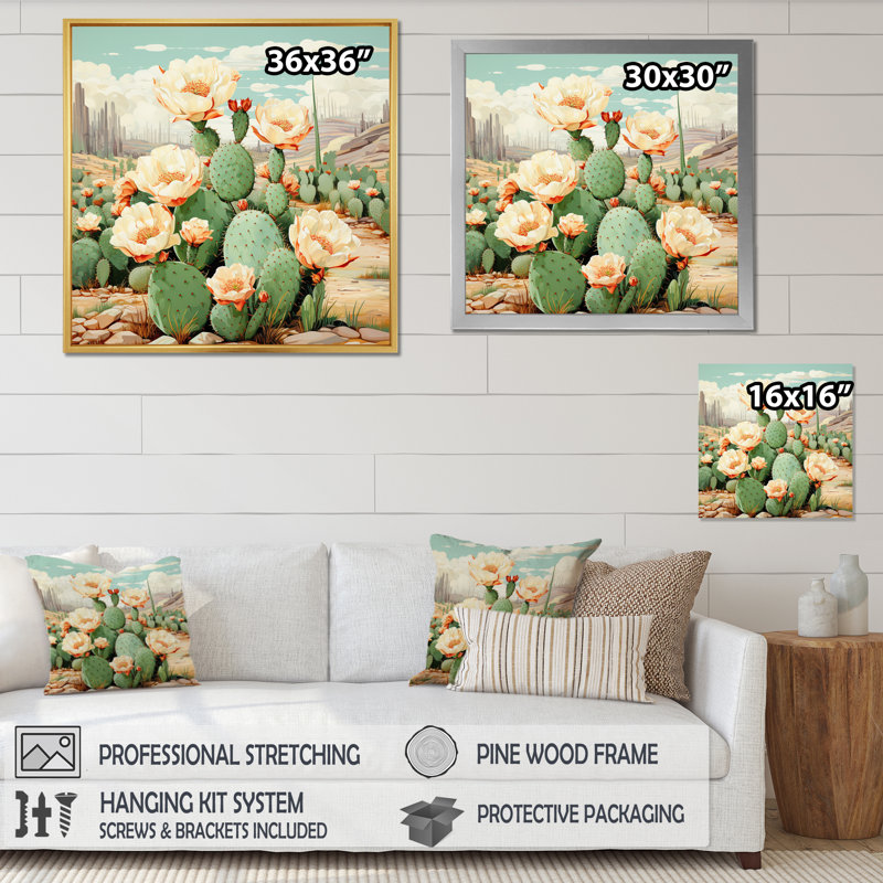 Coral Green Cactus Desert Blooms Pointillism IV On Canvas Print, 36" H x 36" W, Wrapped Canvas