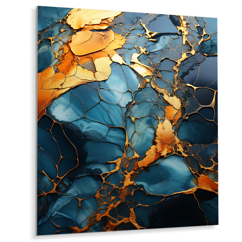 Or et vert topaze agate granit III - impression abstraite d'art mural en métal, H 32 po x l 24 po x P 1 po