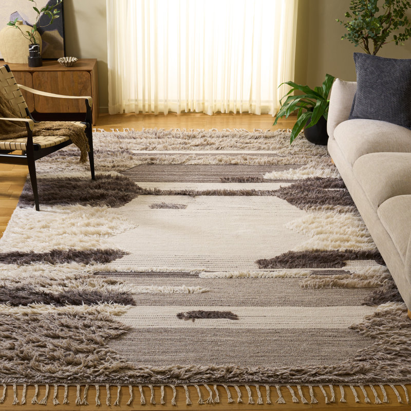Tapis abstrait en laine / coton noué à la main Bakerhill ivoire / gris, Rectangle 8 pi x 10 pi