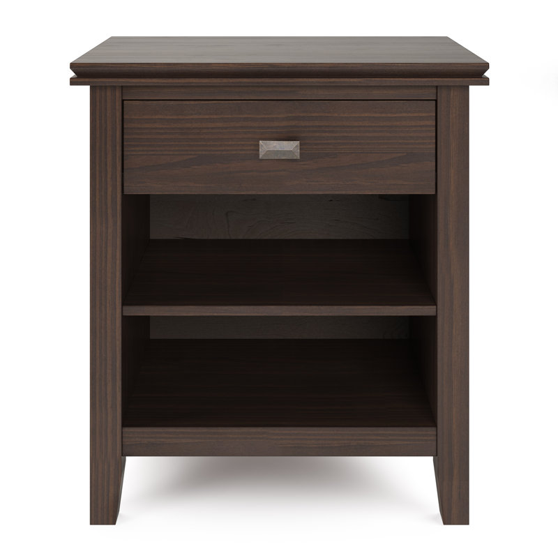 Artisan 24"W Solid Wood Contemporary Nightstand with 1 Drawer, Open Shelf Storage and Bronze Knobs, Warm Walnut Brown