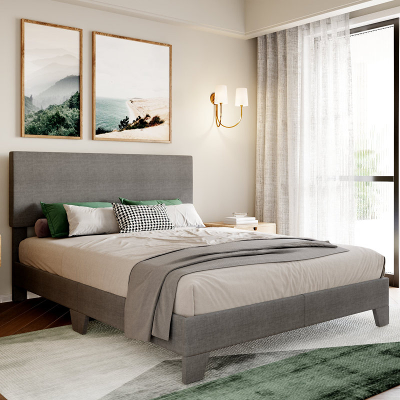 Base de lit simple tapissier rectangulaire avec tête de lit Avel, Grand, Lin gris foncé