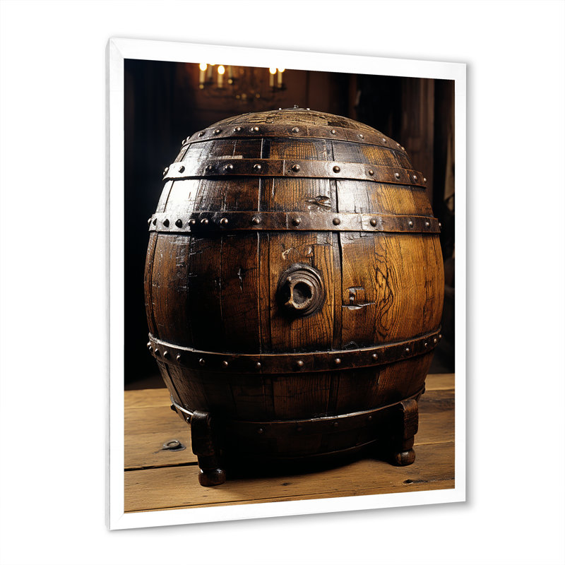 Tonneau de vin en bois brun - art mural vin, Cadre simple blanc, H 32 po x l 24 po x P 1 po