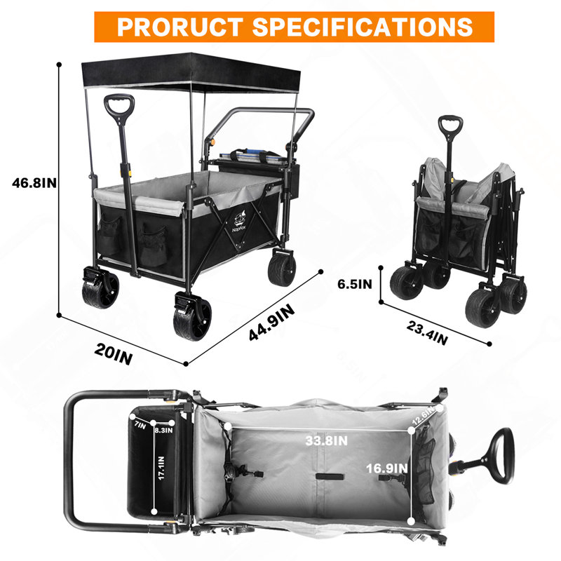 Chariot pliable avec chariot de 140 L pliable avec auvent amovible, chariot pliant avec roues pour tout terrain avec frein, chariot pliable avec sac isotherme, pour le camping