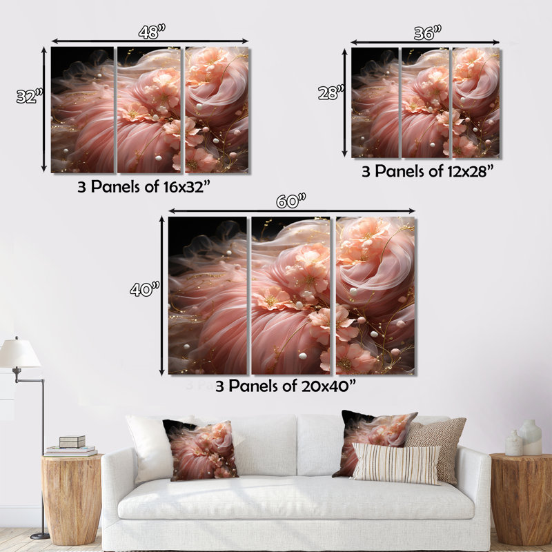 Art liquide blanc tendre et rose pâle VI - impression sur toile tendue 3 pièces, H 32 po x l 48 po x P 1 po