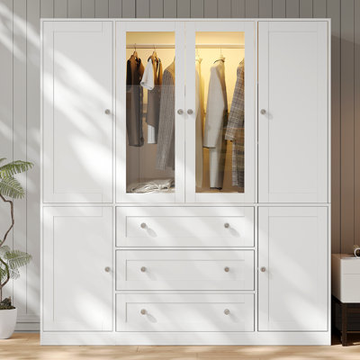 74.8" H Wardrobe Closet, Glass Door Armoire Wardrobe with 3 Drawers, Smart Sense LED Light, 2 Hanging Areas, And Storage Shelves