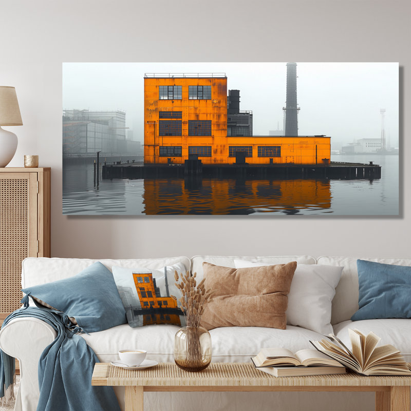  «Yellow Grey Urban Oasis Factories II - Décoration murale usines, Cadre flottant brun, H 30 po x l 40 po