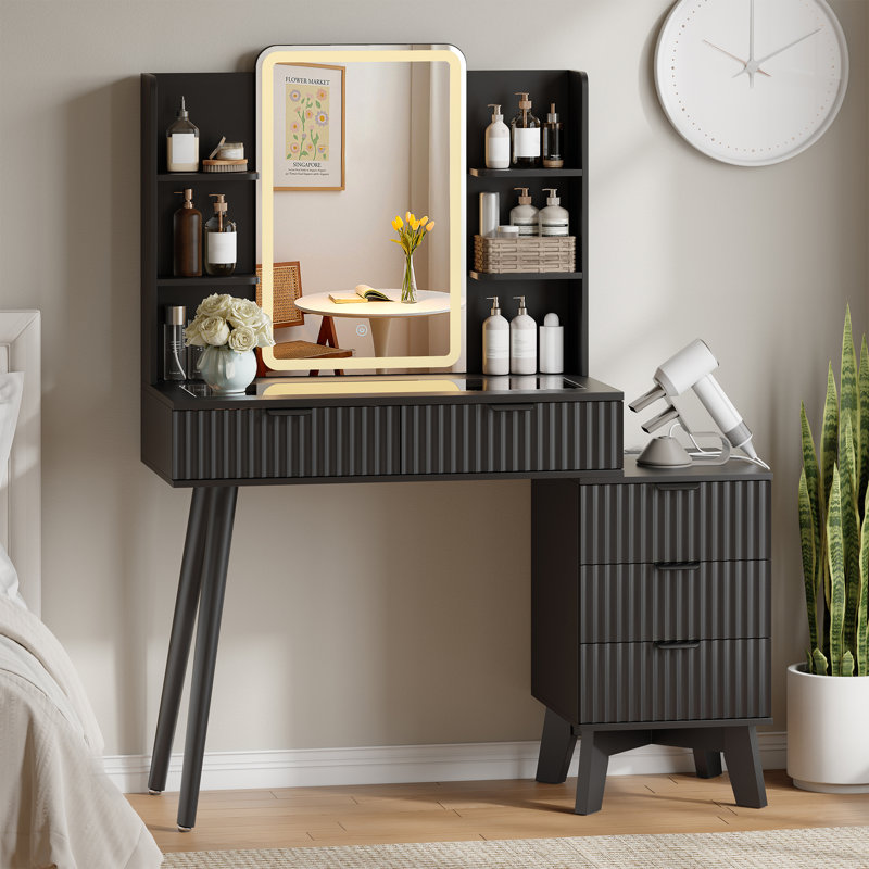 Fluted Vanity Desk with 5 Drawers, Built-in Power Outlet & 26" LED Mirror, 48" Large Fluted Dressing Table with Glass Top and Shelf