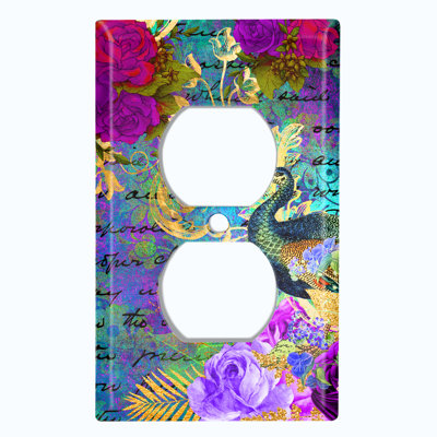 Metal Light Switch Plate Outlet Cover (Peacock Flower 2 - Single Duplex)