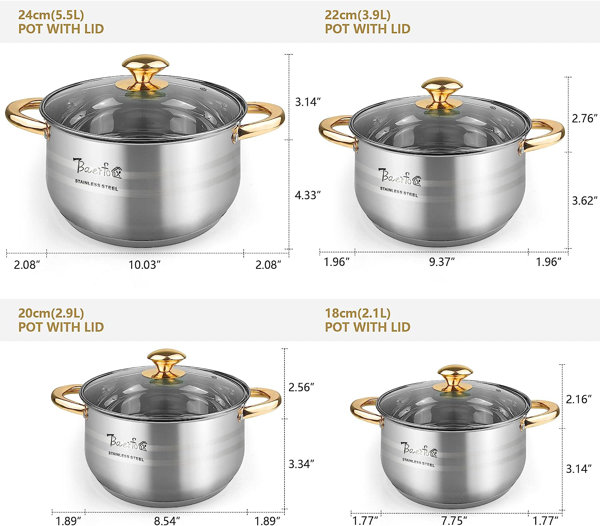 18/8 Stainless Steel Pots and Pans Set nonstick with lids-8 Piece Luxe  Silver Cookware Set PFOA Free Non Toxic