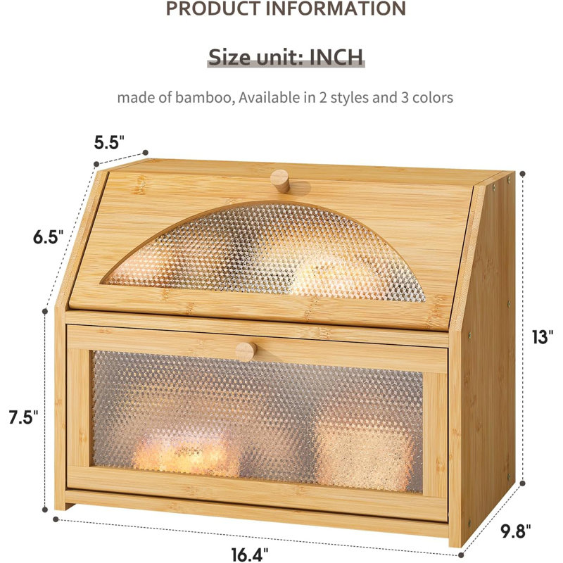 Natural Bamboo Double Layer Bread Box with Diamond Pattern Windows