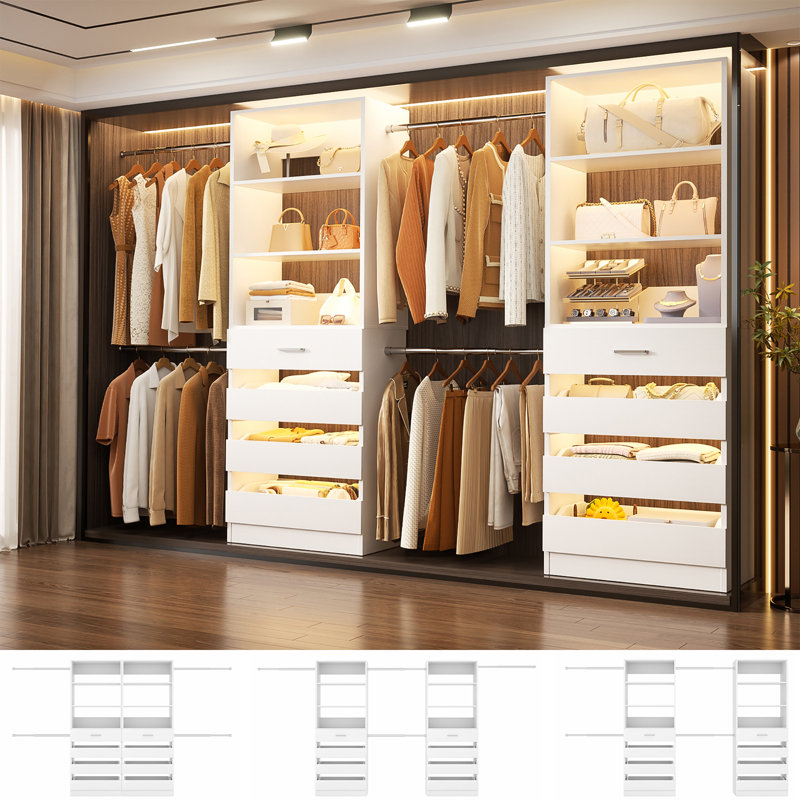 Walk-In 95.4”To 133.6” Closet System With 8 Wooden Drawers And 4 Hanging Rods, White