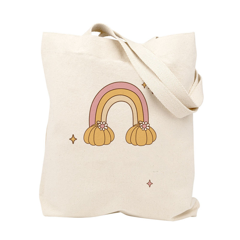 Sac personnalisé de bonbons ou de bonbons d'Halloween, sac fourre-tout épais en coton, motif arc-en-ciel citrouille Boho avec nom, sac de bonbons réutilisable