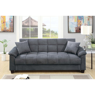 Microfibre grise réglable avec rangement caché, charge et coussins décoratifs pour le revêtement de futon convertible de style salon contemporain, encastré