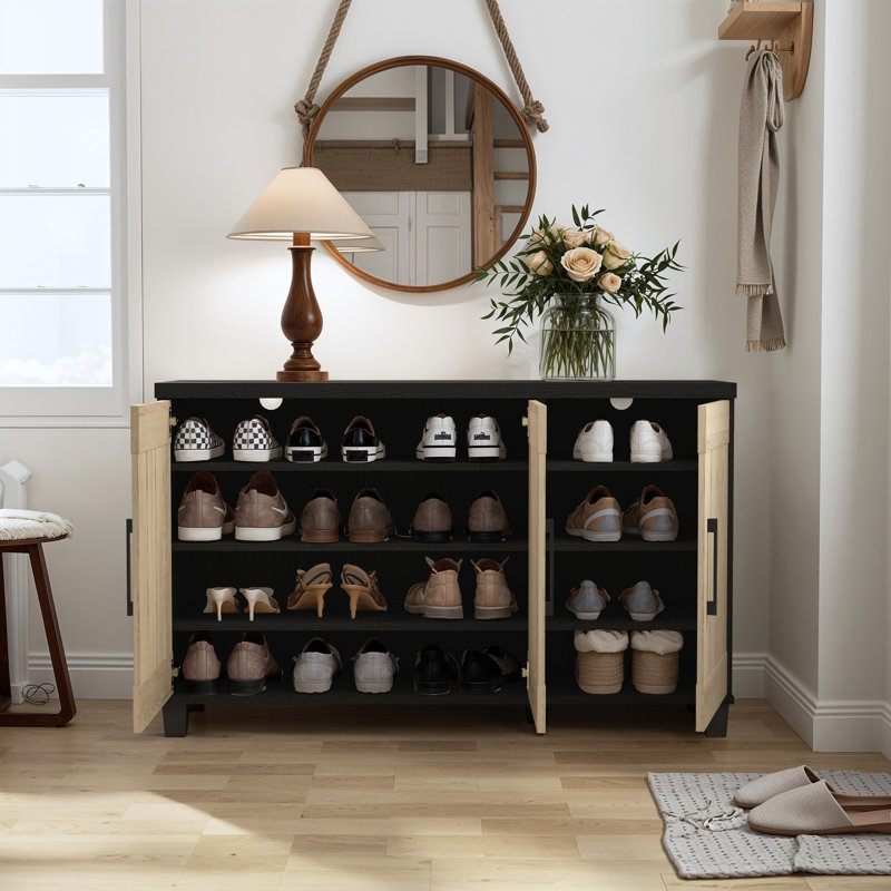 Banos 16 Pair Shoe Storage Cabinet, Black/Oak Wood