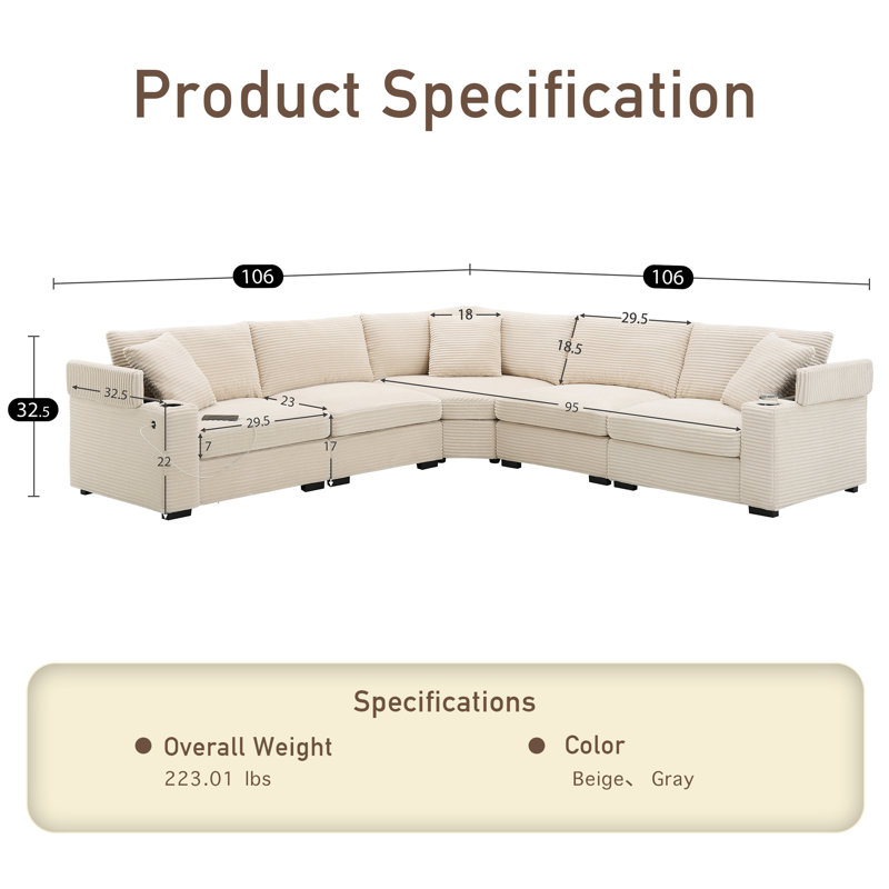 5 - Seater Upholstered Corduroy Fabric Sectional, Beige Corduroy