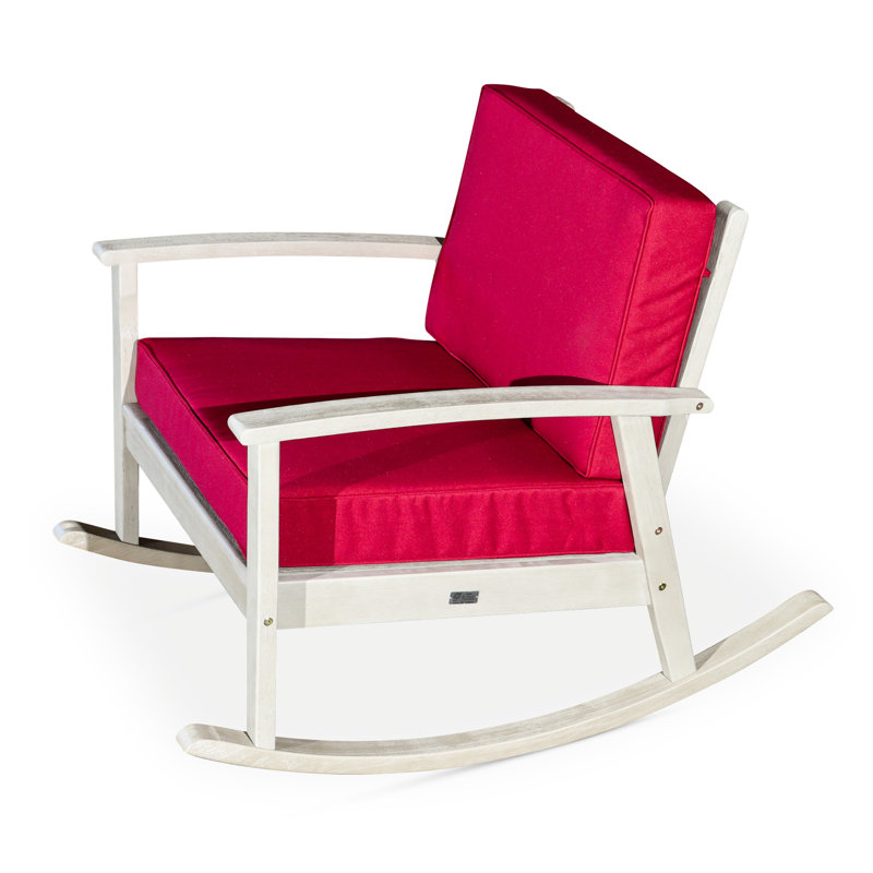 Chaise berçante en eucalyptus, gris bois flottant, confortable avec coussins bourgogne, conception antirouille résistante à la rouille