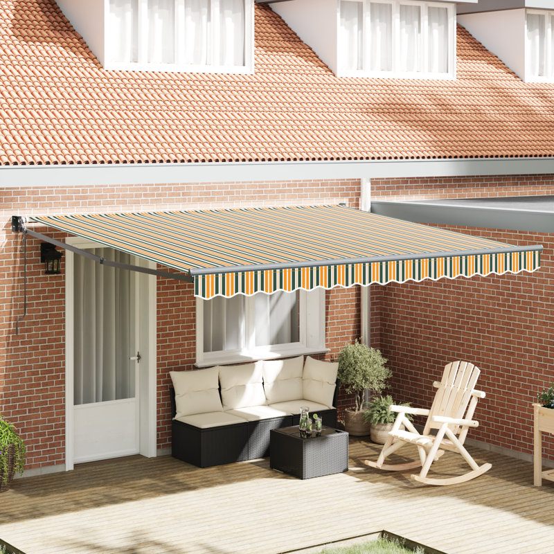 Brayden Studio Retractable Patio Awning, 400 cm W x 300 cm D, Green/Yellow Striped