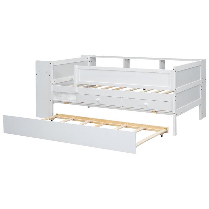 Multi-Functional Twin Daybed with Trundle, Drawers, Storage Headboard & Built-in Study Desk, Wooden Day Bed White