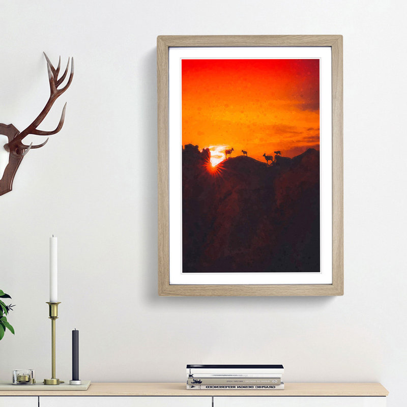 Goats upon the Mountain - Picture Frame Graphic Art Print, 48cm H x 36cm W x 2cm D, Oak Framed