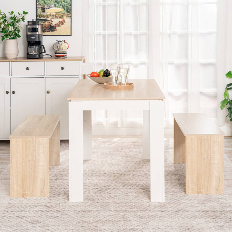 Space-Saving Wood Dining Table Set For 4, Dining Table Set With 2 Benches, 29.50”H x 47.20”L x 27.60”W, Oak, White