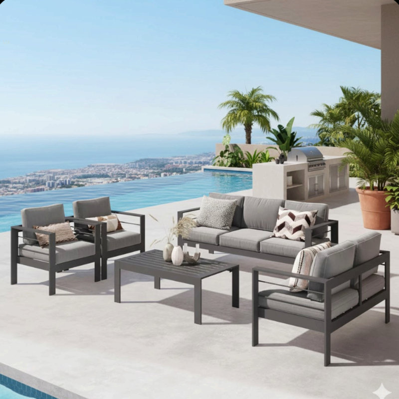 Ensemble de conversation de patio 5 pièces en aluminium 5 pièces, canapé d'extérieur 7 places avec coussins épais gris foncé et structure grise et table basse