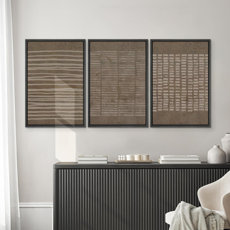 Geometric Line " No Texture Print - Grunge Greenish Brown Line Art, Abstract Neutral Artwork, Framed 3 Pieces Wall Art - Giclee Canvas Digital Print "