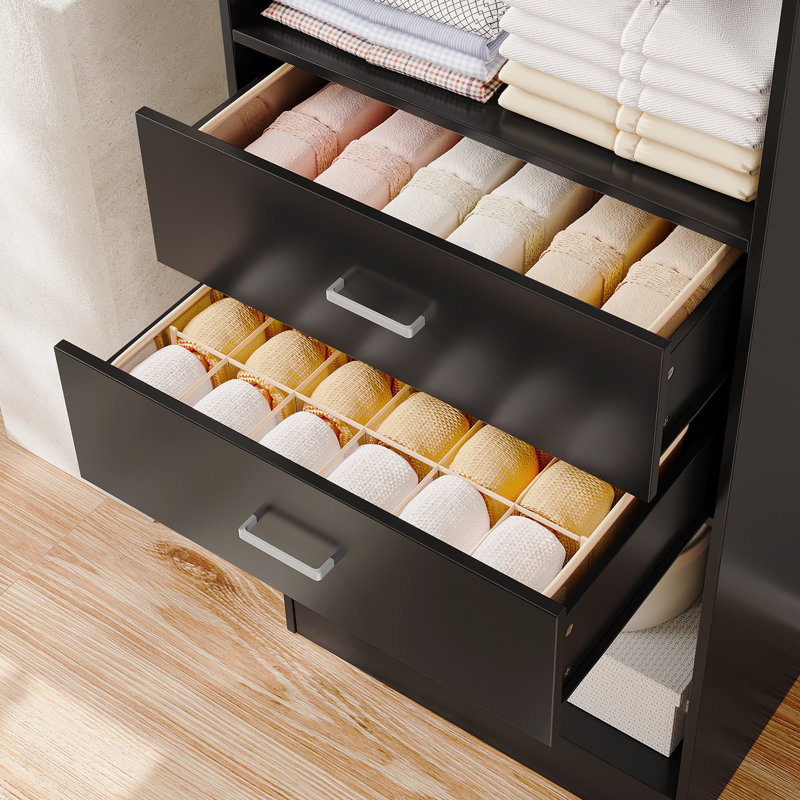 Ensemble de 4 pièces: système de rangement pour garde-robe de 99,2 po avec 4 tiroirs en bois, tablettes réglables et tringle à vêtements